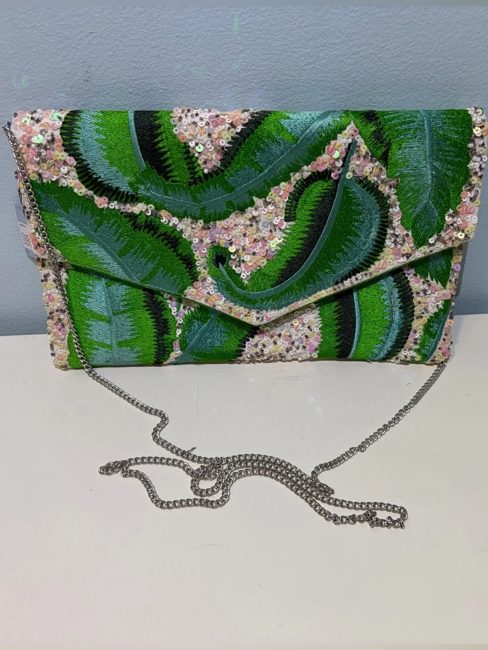 NWT Ford & Crew Tropical Palm Leaf Embroidered Sequin Envelope Clutch With Chain
